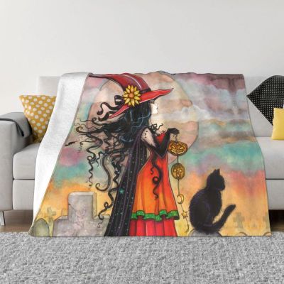 （in stock）Halloween witch and black cat fantasy art blanket soft Flannel summer mysterious gothic witchcraft blanket sofa home（Can send pictures for customization）