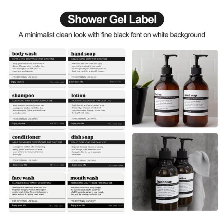 Bathroom Labels Set 8PCS Waterproof Refillable Bottles Stickers for