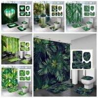 【CW】☃﹍  Shower Curtain  Leaves Printed Anti-Slip Sets Toilet Cover