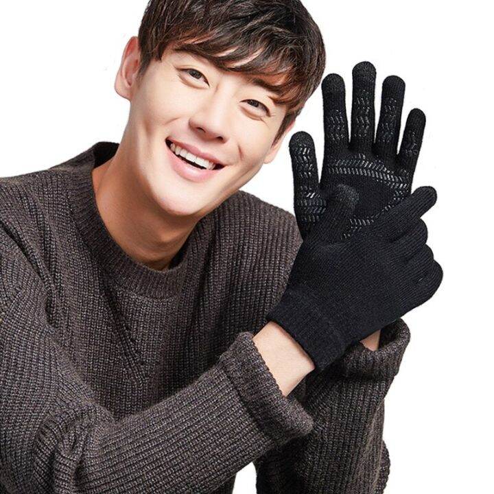 winter-mens-knitted-gloves-touch-screen-anti-skid-solid-business-driving-cycling-full-finger-non-slip-gloves