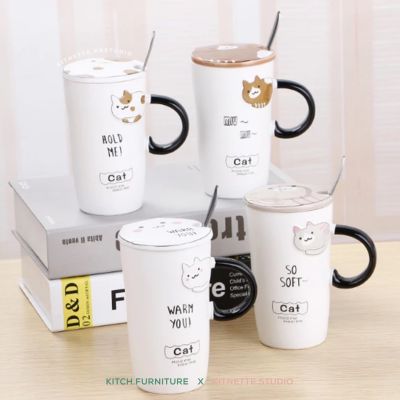 แก้วน้ำมีฝาปิด รุ่น Cute cat mug** พร้อมฝาปิด และช้อนคนสีเงินเข้าชุดกัน แก้วเซรามิกมีฝาปิด