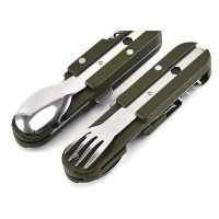 Army Green Folding Portable Stainless Steel Camping Picnic Cutlery Knife Fork Spoon Bottle Opener Flatware Tableware Travel Kit Flatware Sets