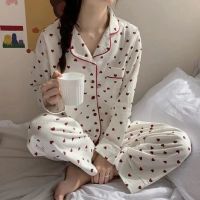 ✶♂❉ Women 39;s Pajamas Long-sleeved Pure Cotton Can Wear Household Clothes Two Sets Of Simple Small Lapel Printed Pajamas