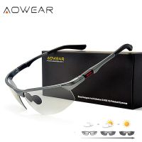 AOWEAR แว่นตากันแสงสะท้อนสำหรับผู้ชายแว่นตากันแดดไร้ขอบเลนส์เปลี่ยนสีโพลาไรซ์สำหรับขับรถกลางคืนแว่นปรับตามแสงได้ขับขี่รถยนต์