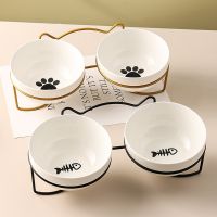 Poursweet Pet Cat Bowl Ceramic Water Feeder Food Feeding Dish Dispenser With Raised Stand and Mat Kitten Puppy Metal Elevated