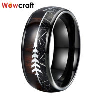 Mens 8mm Black Meteorite Koa Wood Steel Arrow Inlay Black Tungsten Carbide Ring Men Women Wedding Dome Band Comfort Fit Polished