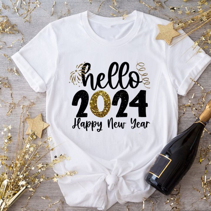 Hello 2024 Print Women Tshirt Happy New Year Party Female Outfit Tops