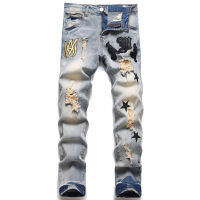 There will be 1-2CM deviation in sizeStreet Mens Jeans Embroidered Cotton Pants Youth Fashion Tight Mid Rise Casual 3376