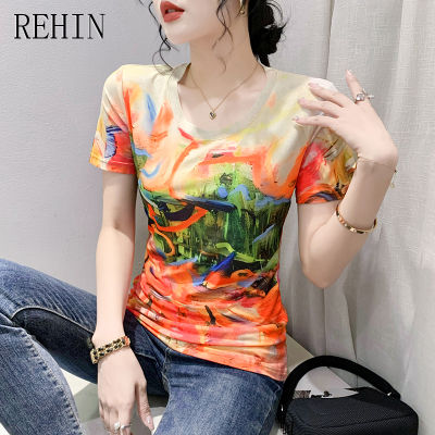 REHIN เสื้อสตรีพิมพ์ลายตาข่ายคอกลมสไตล์เกาหลีแบบใหม่ไล่ระดับสี,เสื้อซับในแฟชั่นเข้ารูปเสื้อยืดแขนสั้นฤดูร้อน