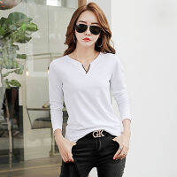 Shintimes Hit The Color V-Neck T-Shirt Female Long Sleeve Shirt Women Clothes 2019 Winter Korean Style Tees Cotton Tshirt Femme