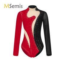 Womens Rhythmic Gymnastics Leotard Ballet Dance Wear Figure Skating Costume Sparkling Rhinestone Sheer Mesh Long Sleeve Bodysuit