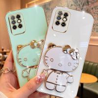 Folding Makeup Mirror Phone Case For Infinix Note 8i X683 X683B  Case Fashion Cartoon Cute Cat Multifunctional Bracket Plating TPU Soft Cover Casing