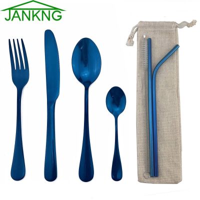 JANKNG Light Portable Bag Dinnerware Rainbow Blue Cutlery Set Stainless Steel Gold Tableware Set Fork Knife Set Travel School Flatware Sets