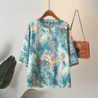 【มีไซส์ใหญ่】Plus Size Womens 3/4 Sleeve Vintage Printed Summer Shirts Oversized A-line Female Tops