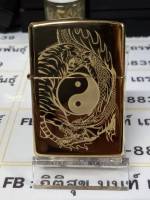 Zippo   รุ่น 49024   tiger  dragon  design   สีทอง  ผิวทองเหลืองขัดเงา  ลายแบบเลเซอร์  รูปเสือกับมังกร