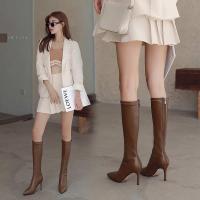 CODddngkw3 Brown Genuine Leather Boots Women High Heels Back Zipper Pointed Toe Stiletto But Not Over Knee Womens Single棕色真皮长靴女高跟鞋后拉链尖头细跟不过膝高筒靴靴子女单靴