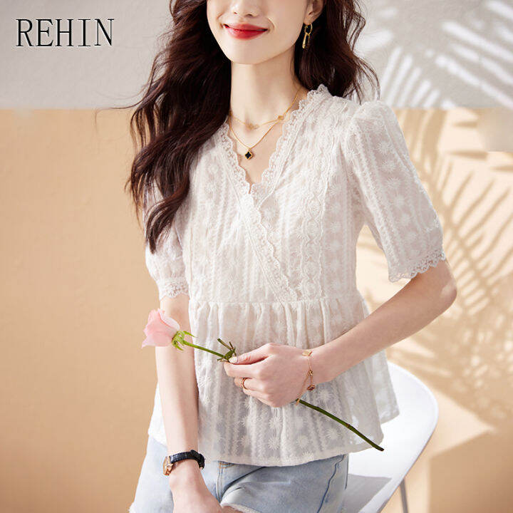 rehin-เสื้อเชิ้ตแขนสั้นคอวีของผู้หญิง-เสื้อเบลาส์ลูกไม้หรูหราเวอร์ชันเกาหลีสีพื้นใหม่ฤดูร้อน