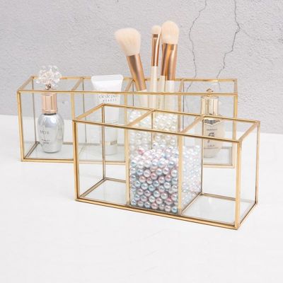【jw】☼✺  Transparent Glass Makeup Storage Gold Cosmetics Holder Make Up Brushes Organizer