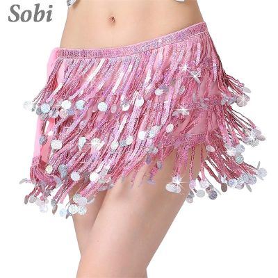✽™♙ Women Sequin Belly Dance Hip Scarf Skirt with Coins Glitter Fringe Tassel Wrap Belt Carnival Stage Performance Rave Waist Chain
