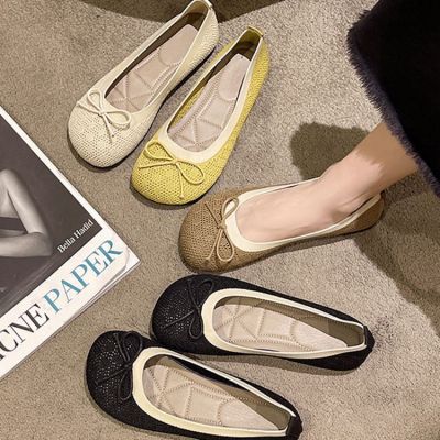 Butterfly knot mesh surface round head shallow mouth bean shoes for women in autumn 2023 new flat bottomed casual one foot shallow mouth single shoes