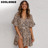 Soolasea 2021 Summer Style Women Mini Leopard Dress Summer Print Ruffles Short Sleeve V neck Party Sweet Beach Dress Vestidos