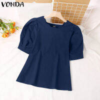 VONDA เสื้อลำลองผู้หญิงหยัก Neckline พัฟแขนเสื้อสีทึบ (สาเหตุเกาหลี) 2 #