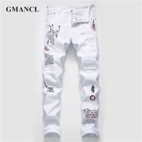 New Men Streetwear personality Ripped printed white skinny Jeans Hip Hop Punk Casual motorcycle stretch denim jeans trousers