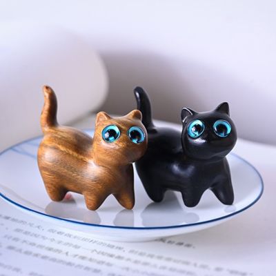 【CC】☢⊕  Sandalwood cat wooden mini doll hand-carved desktop ornaments creative handicrafts hand-held mobile phone chain pen gift