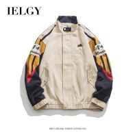 IELGY แจ็กเก็ตคอปกแนวตั้งของผู้ชาย,เสื้อแจ็คเก็ตบล็อกสีเสื้อแจ็คเก็ตลำลองทรงหลวมฤดูใบไม้ร่วง