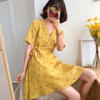 Womens Fashion Floral Print Dress V-Neck Short Sleeve Elegant Casual Lace Up A-Line Dress