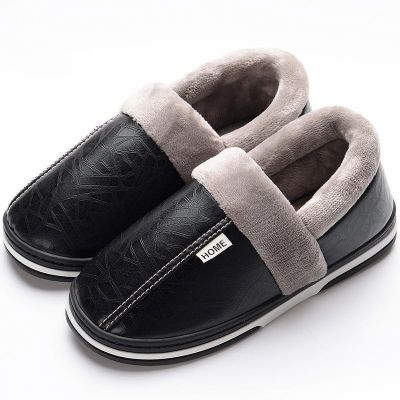 Big Size 50-51 Black Men Slippers Winter PU Leather Warm Indoor Waterproof Home Slipper Fur Couple Flat Slides Bedroom Shoes