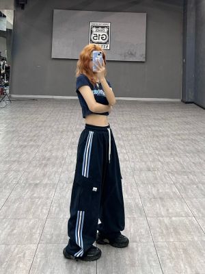 Y2K ฮิปปี้ฮาราจูกุกางเกงผู้หญิงคาร์โก้ลายทางสไตล์เกาหลี,กางเกงวอร์มทรงหลวมกางเกงขาบานสไตล์เกาหลี Streetwear ขนาดใหญ่กว่าตัว