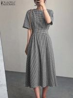 【CW】✢✜  Checked Print Dresses ZANZEA Fashion Sundress Half Sleeve Pleated Robe Vestidos