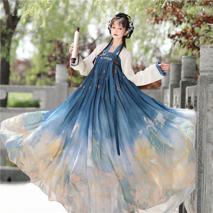 ราคาถูก-hanfu-ชุดจีนสไตล์ย้อนยุคชุดสูทใบเมเปิ้ลพิมพ์เอวกระโปรงจีบชุดเจ้าหญิงจีนโบราณชุดนางฟ้า