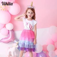 【jeansame dress】 VIKITA Girls Unicorn Tutu Dress Kids Sequined Princess Vestido Girls Birthday Party Dress Children Summer Dresses Kids Clothes