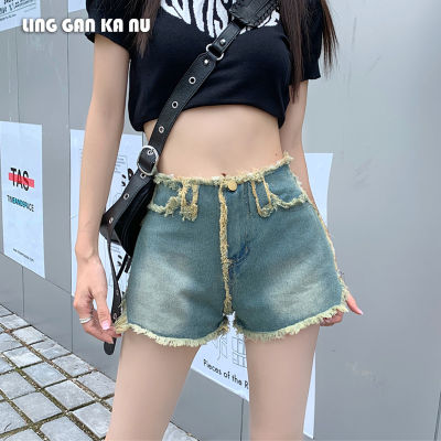 LING GAN KA NU กางเกงขาสั้นผ้ายีนส์ผู้หญิง  ฤดูร้อนใหม่เวอร์ชั่นเกาหลีของเอวสูงตัดขอบดิบแยกสาวร้อนตรงกางเกงขากว้างกางเกงร้อน