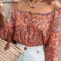 2020 Bohemian Orange pink Floral Print Pullover Shirt Ethnic Women Bow Lace Up O neck Long Sleeve Pullover Blouse Tops