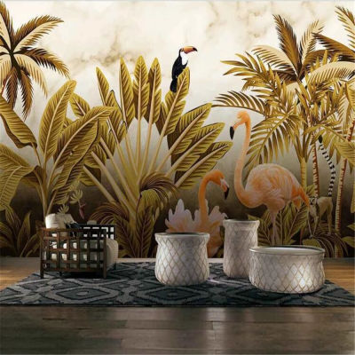 [hot]milofi custom large wallpaper mural medieval golden hd tropical leaves flamingo bedroom background wall
