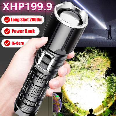 XHP199 Flashlight ไฟฉายแรงสูง อลูมิเนียมอัลลอยด์ สว่างมาก ปรับได้ with 1*26650 battery 1000000LM 16core Super 200W Most Powerful Led Flashlight ไฟฉายชาร์จได ไฟฉายเดินป่า 7 Modes USB สามารถชาร์จ ไฟฉายซูม