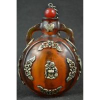 ▦☎ China old Tibet silver amber carved butterfly Buddha statues snuff bottle