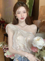 Real shot ~ peony fairy flying ruffles pearlescent chiffon slanted shoulder top womens chiffon shirt