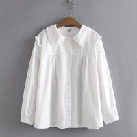 【มีไซส์ใหญ่】Plus Size XL-4XL Long Sleeved White Tops Women Solid Color Ladies Button Up A-line Office-wear Blouses