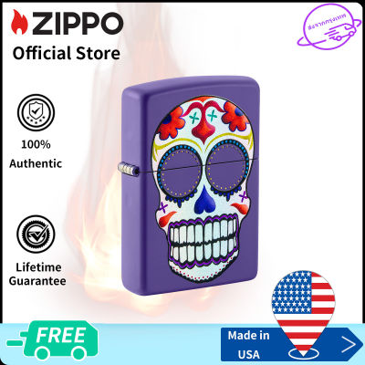 Zippo Sugar Skull Design Purple Matte Windproof Pocket Lighter 49859 ( Lighter Without Fuel Inside )สีม่วงด้าน（ไฟแช็กไม่มีเชื้อเพลิงภายใน）