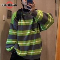 KYUSHUAD เสื้อถักคอกลมชายเสื้อกันหนาวลำลองใส่สบายหนาสีเขียวคู่