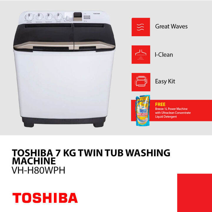 Toshiba 7 kg Twin Tub Washing Machine VHH80WPH with FREE Detergent
