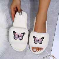 Women Fashion Pink Elements Decals hearts butterfly smile Decor Home Slippers Winter Open Toe Indoor Flat Non-slip Leisure Shoes