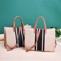 (Free Shipping) Tote Bag Shoulder Bag Beg Sling Bag Stripes Zipper Retro Shoulder Bag Durable Canvas Satchel Tas Lady Business Briefcase Handbag