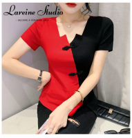 LAREINE เสื้อยืดแขนสั้นผู้หญิง,เสื้อเสื้อคอวีแบบไม่สม่ำเสมอหัวเข็มขัดแบบจานแบบประกบ