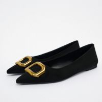 Summer new womens shoes black square buckle metal decoration commuting temperament foreign style pointed ZA/RAˉflat shoes