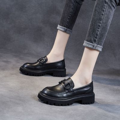 ✆✚ Dadongge Really Soft Leather Soft Sole Comfortable Small Leather Shoes Womens Lazy Shoes Thick Soled Retro Style Womens Single Shoes Loafers
